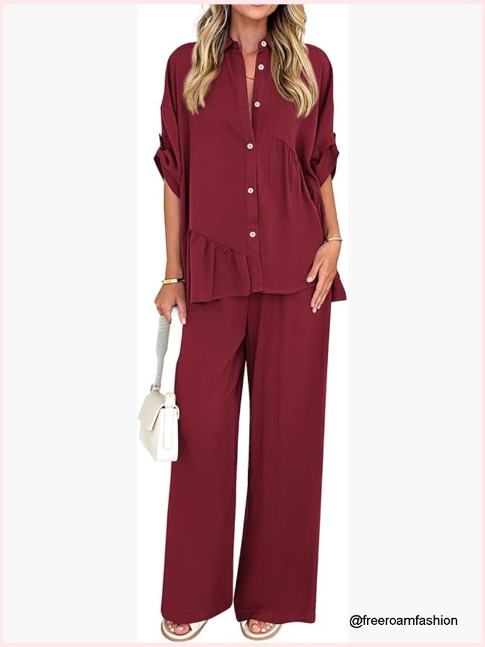 Two Piece Set: Button Down Shirt & Wide Leg Pants Lounge Set